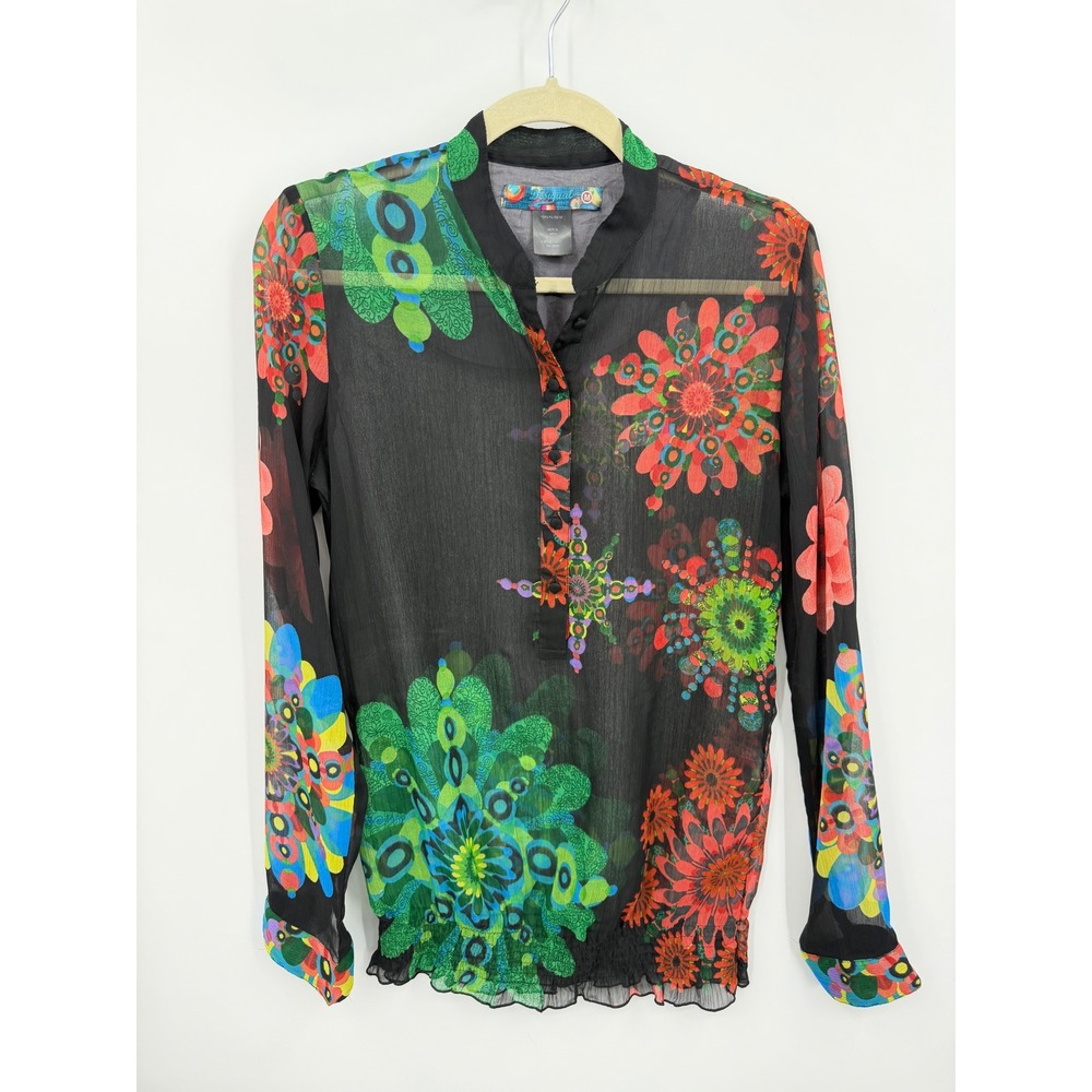 Desigual‎ Floral Kaleidoscope popover Blouse sz M Black Sheer Smocked Hem Boho